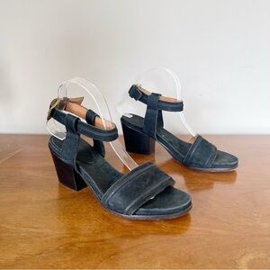 Billy Reid • black suede block heel sandals ankle strap leather stacked buckle
